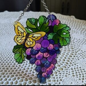 Stained Glass Grape Cluster Suncatcher with Butterfly